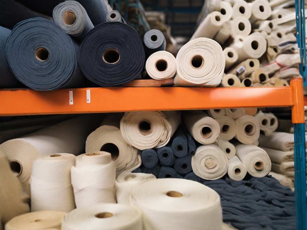 Rolls of textile fabric on warehouse shelving